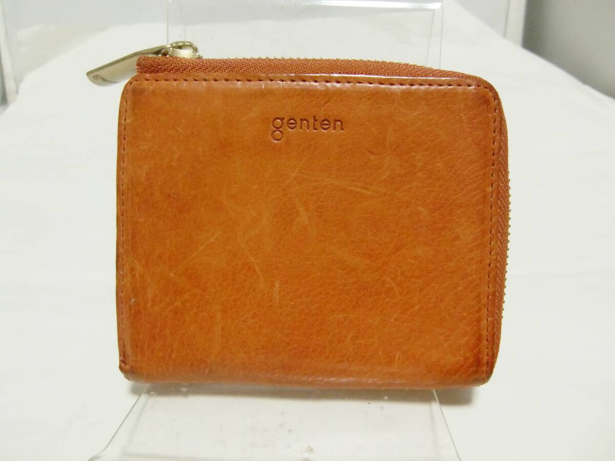 良品 genten レザー L字ファスナー 2つ折り財布 ブラウン ゲンテン コンパクト財布拍卖