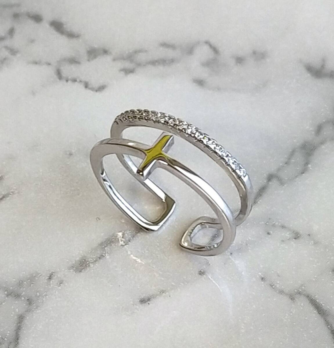 クロス リング 2連風 シルバー925 フリー 調節可能 華奢 イヤーカフ 指輪拍卖