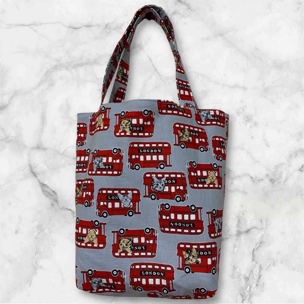 ☆ハンドメイド ☆柔らかミニトートバッグ 猫 ねこ ロンドンバス バス プレゼント♪ 内ポケット拍卖