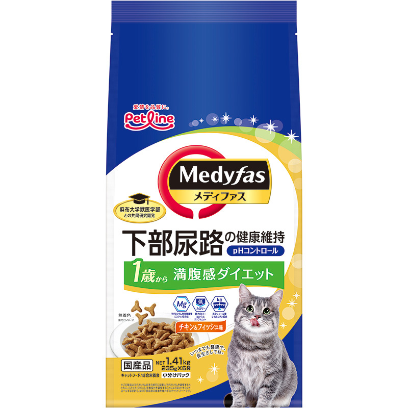 ペットライン メディファス 満腹感ダイエット 1歳から チキン&フィッシュ味 1.41kg(235g×6) 猫用フード拍卖