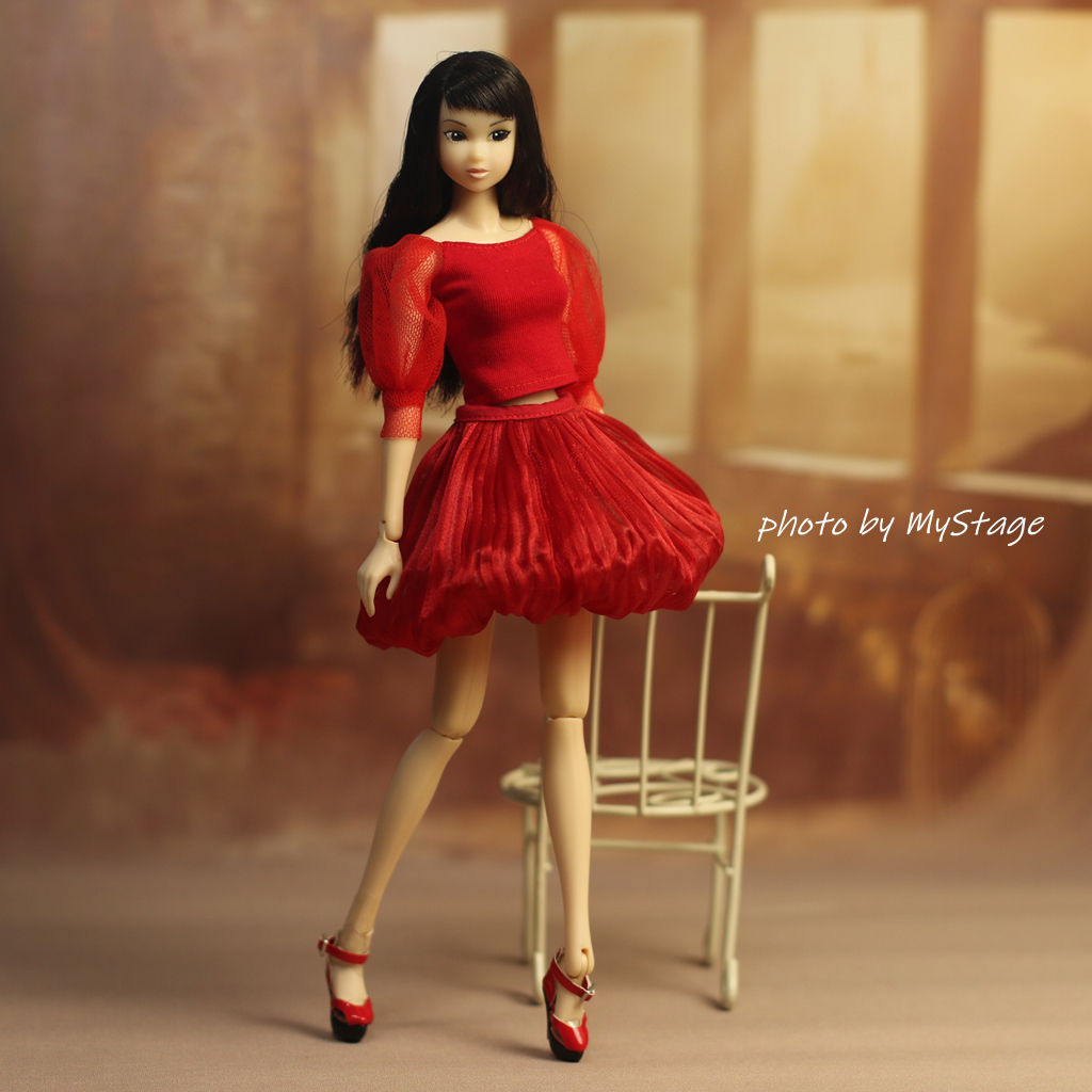 人形服 msdr-25-4799赤いチュールバルーンスリーブTシャツとバルーンスカート(ジェニーmomoko用)拍卖