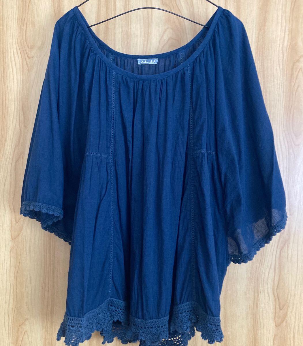 ■着用感あり■ 【Saburoku】サブロク ネイビー 綿100% ゆったり チュニック 七分袖 レース M~XLサイズ対応拍卖