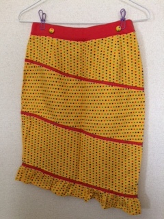 ◆美品◆ レトロ カラフルドット タイトスカート 膝丈 ウエストゴム 綿100% 裾フリル 昭和 コスプレにも拍卖