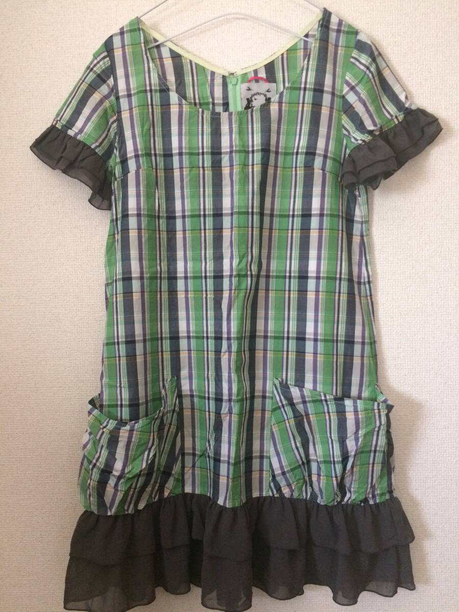★未使用★【SIERA LEONE】シエラレオン チェック柄 膝丈 ワンピース 裾フリル 綿100%拍卖