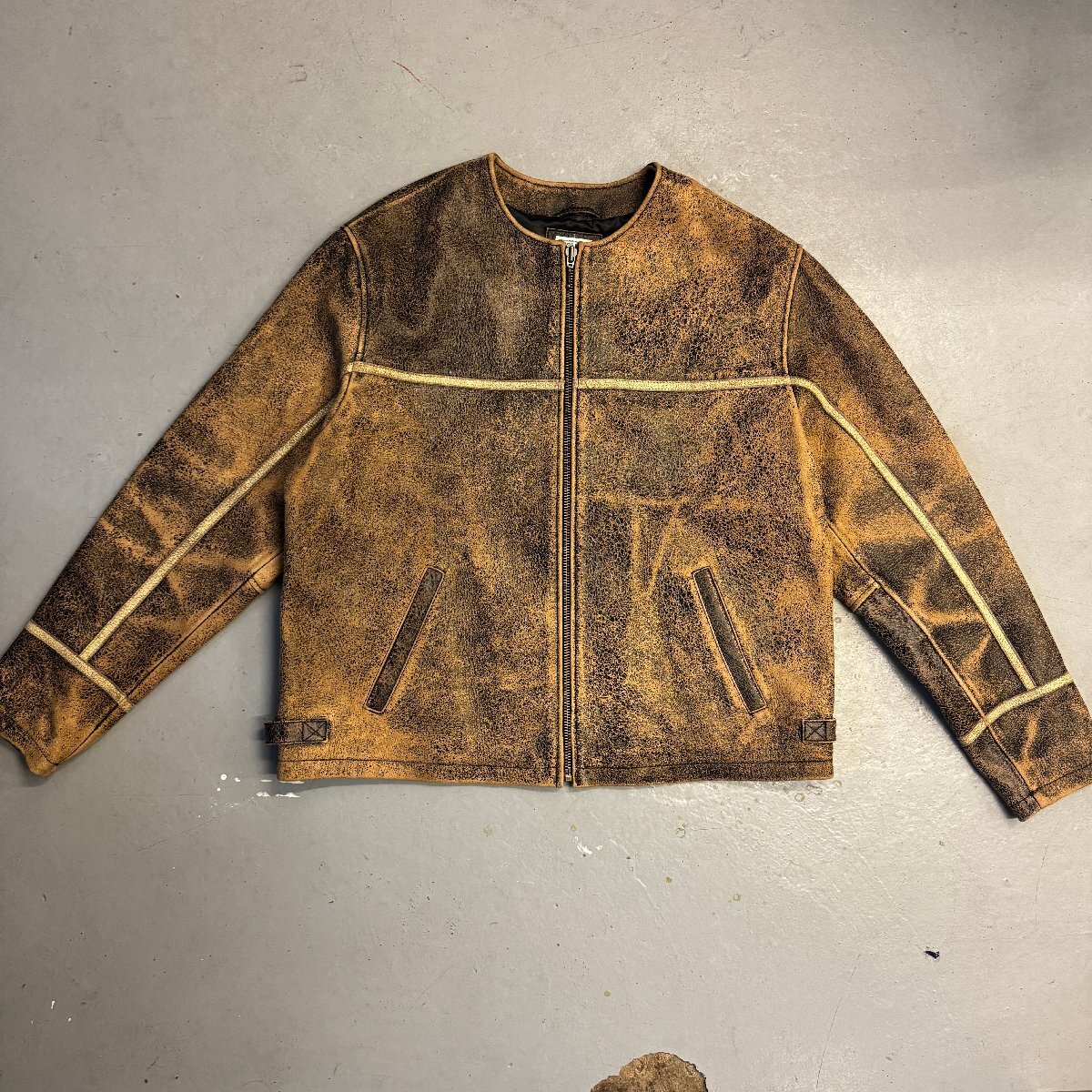 ☆guess USA ゲス☆ Crackle Leather Jacket ノーカラー クラック ヴィンテージ 加工 ジップアップ レザージャケット No collar zip-up拍卖