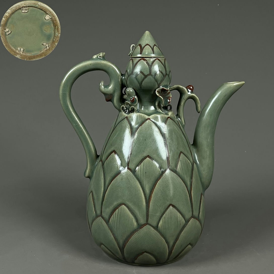 ▼渡鶴羽▼A6054珍品旧蔵 朝鮮 高麗磁 朝鮮古陶磁器 古高麗 李朝時代 高麗青磁執壺拍卖