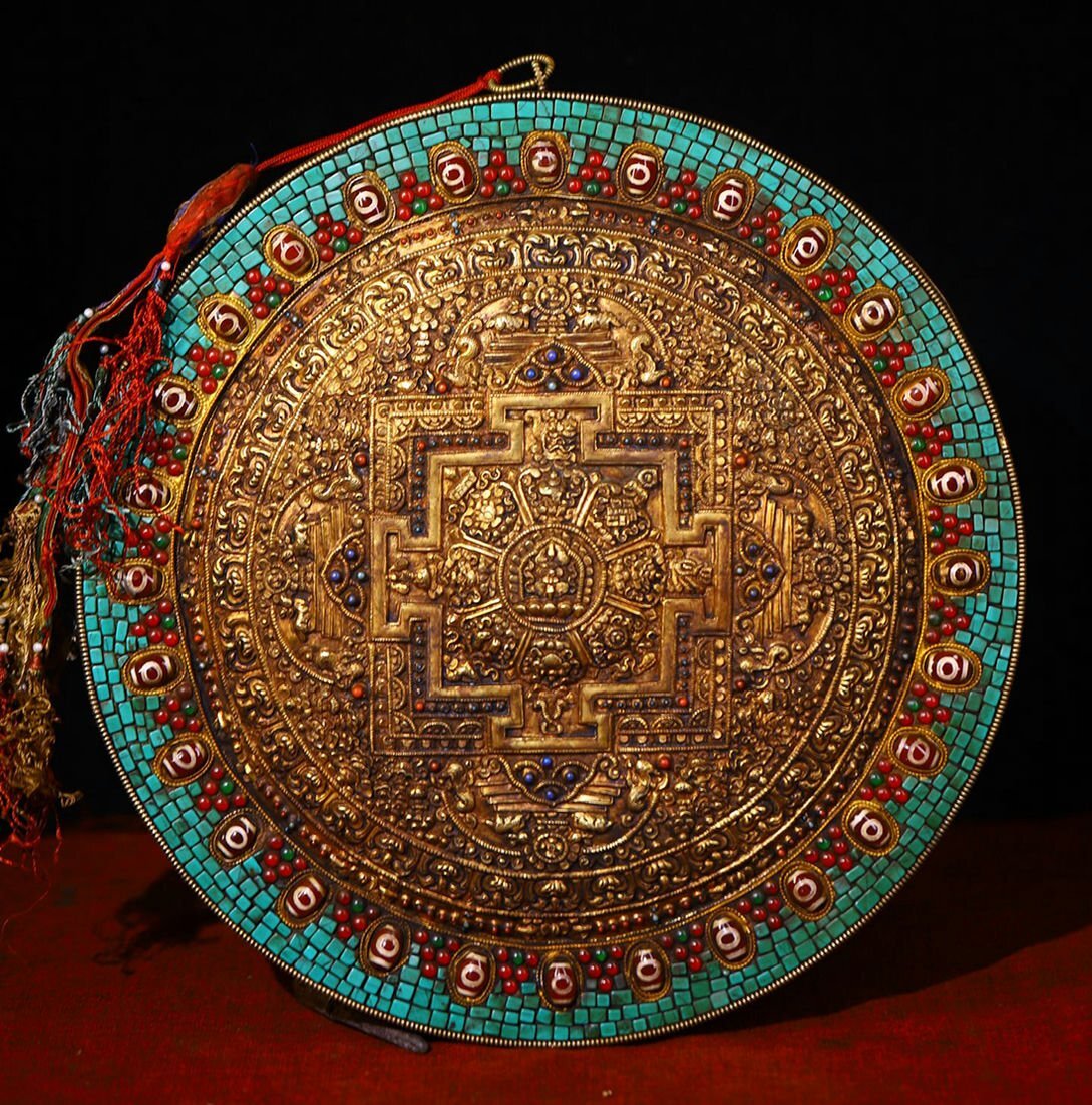 ▼渡鶴羽▼M3871清時代 仏教古美術 チベット密教 銀製鏨刻 象嵌宝石タンカ★細密細工★廃寺旧蔵★廃寺買出品拍卖