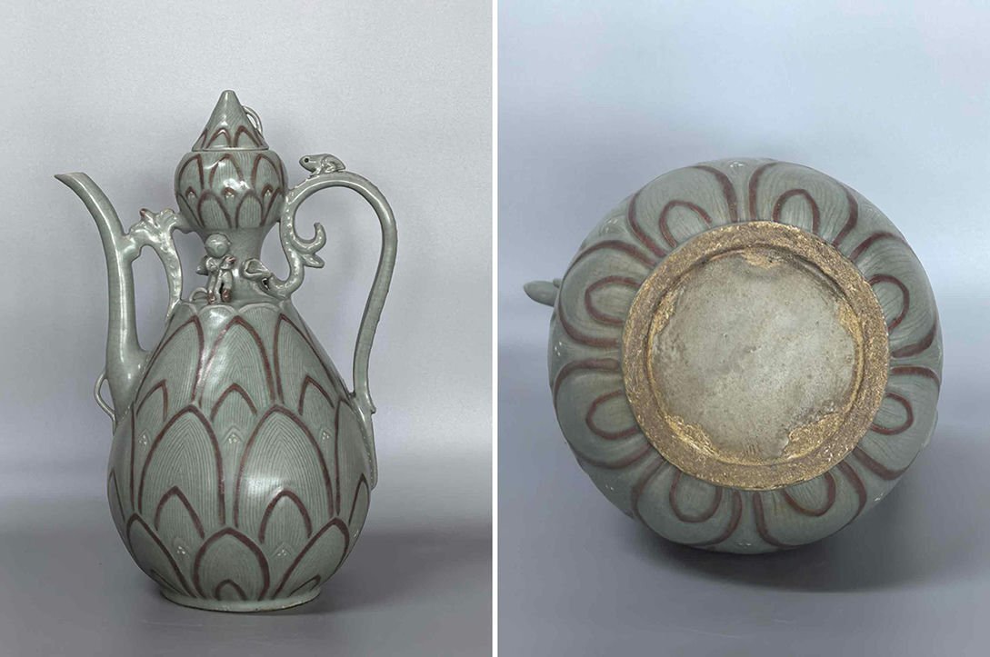 ▼渡鶴羽▼A6399コレクター放出 朝鮮古美術 高麗磁 李朝時代 古高麗 高麗青磁堆花点紋釉里紅陽刻童子水注拍卖