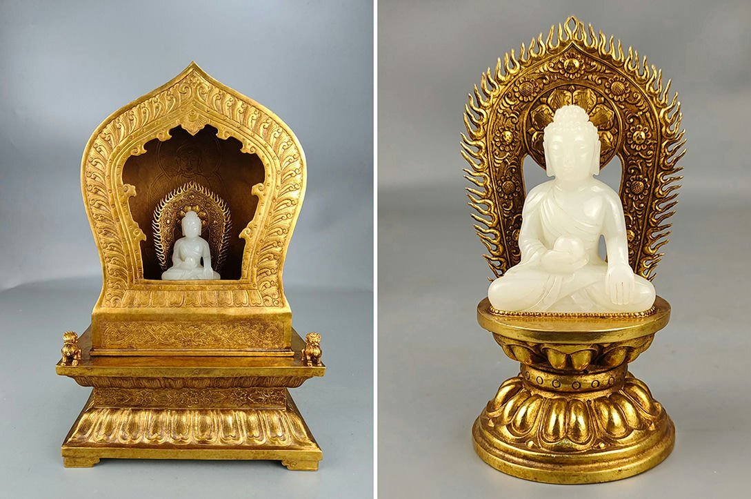 ▼渡鶴羽▼A5984清時代 銅塗金 白玉仏仏龕 細工彫刻★仏教古美術★仏像★細密細工★廃寺旧蔵★廃寺買出品拍卖