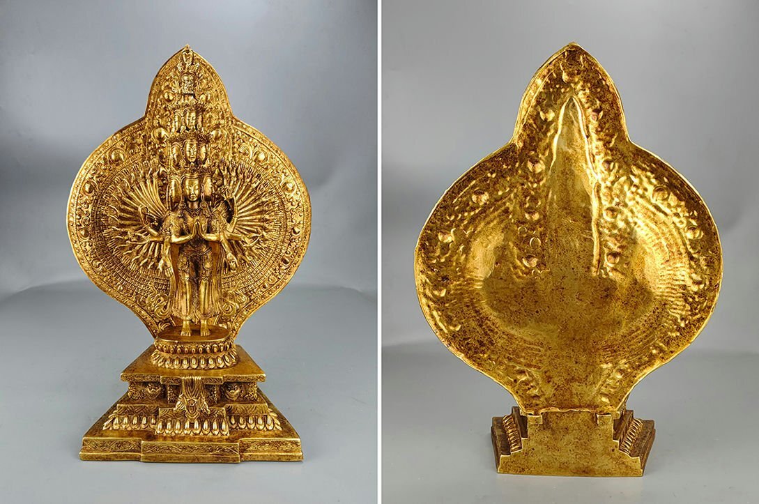 ▼渡鶴羽▼A5993唐時代 銅塗金千手観音 細工彫刻★仏教古美術★仏像★細密細工★廃寺旧蔵★廃寺買出品拍卖