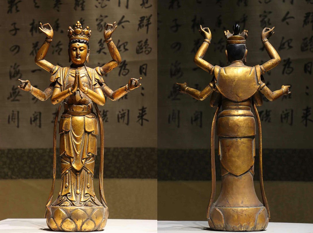 ▼渡鶴羽▼A5445明時代 楠木塗金六臂観音 楠木細工彫刻★仏教古美術★仏像★細密細工★廃寺旧蔵★廃寺買出品拍卖