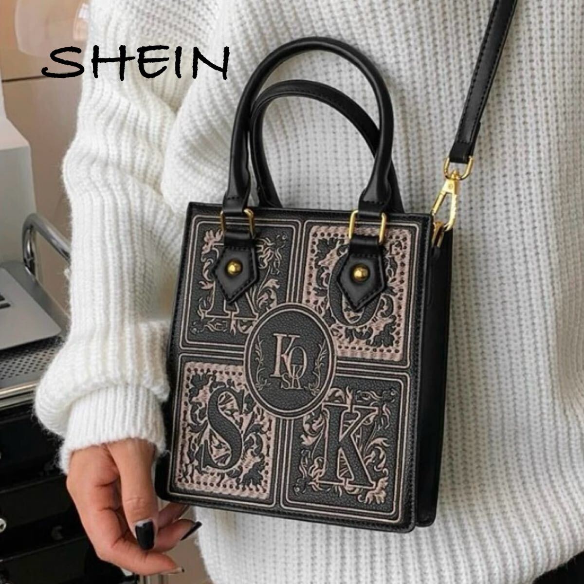 SHEIN ショルダーバッグ ハンドバッグ ミニバッグ 黒 ブラック 刺繍 クラシカル ゴシック クラロリ拍卖