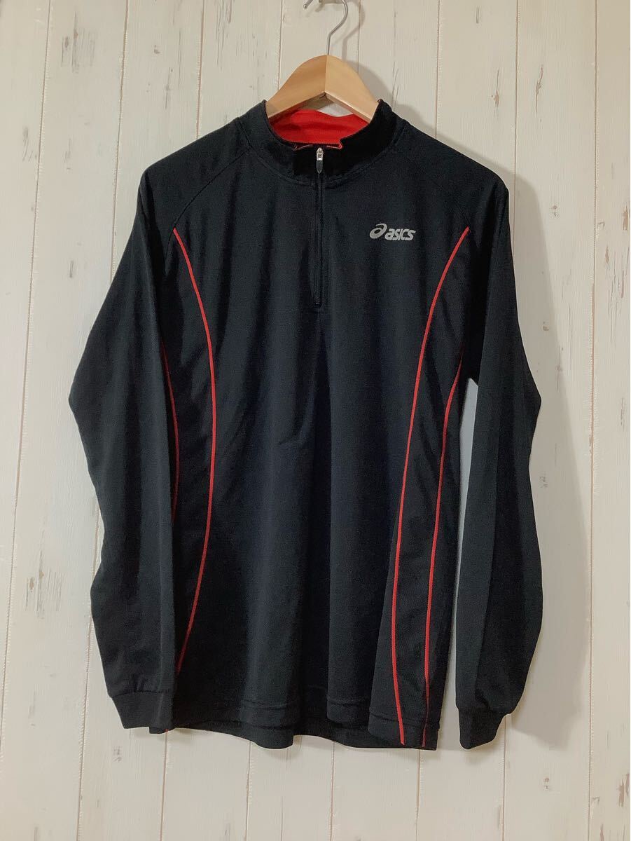 り1508 asics アシックス ハーフジップ メッシュ長袖Tシャツ ロンT O ブラック ロゴプリント ドライ 速乾拍卖