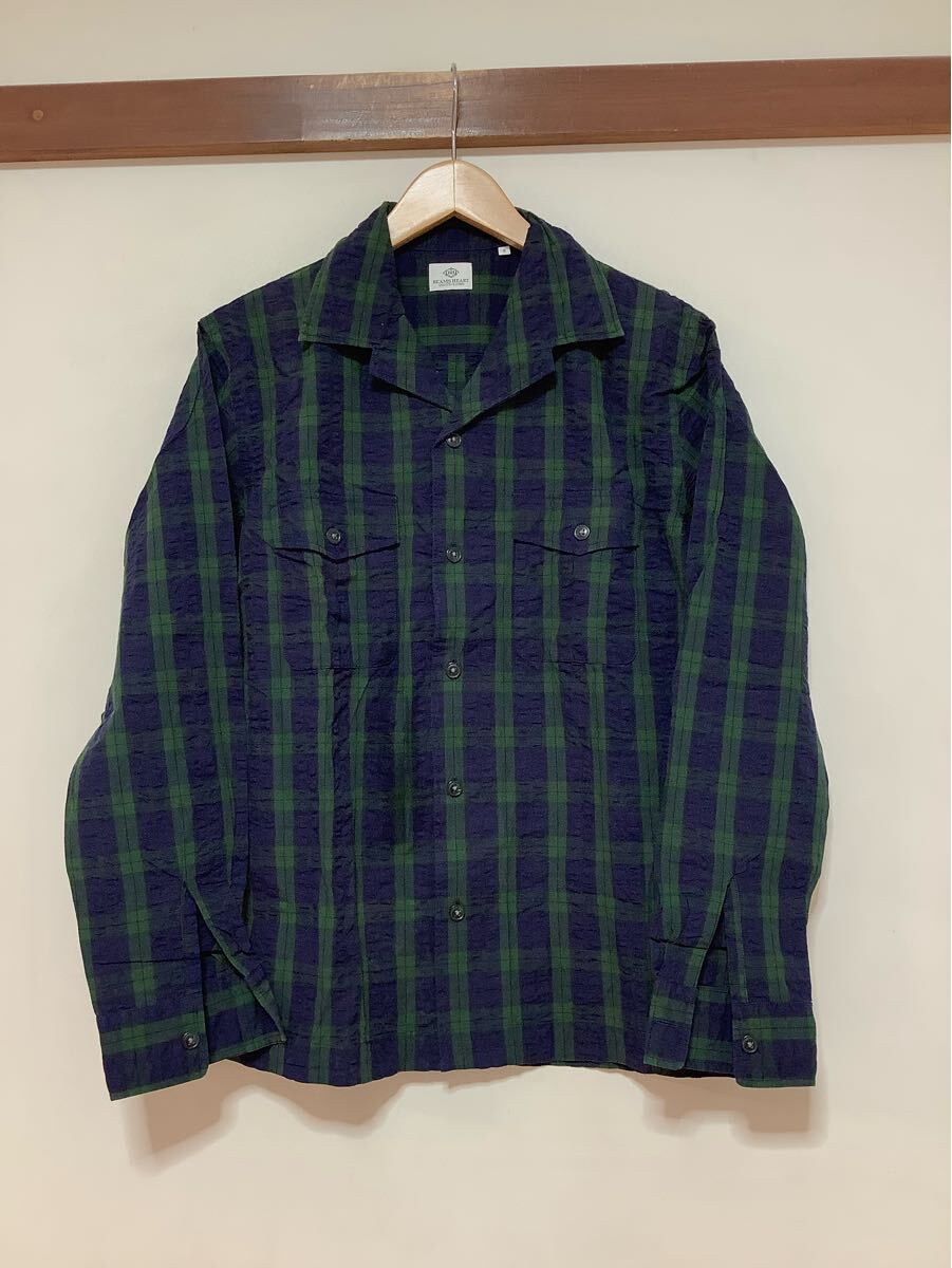 わ1525 BEAMS HEART ビームスハート オープンカラー チェック長袖シャツ S ブラックウォッチ ネイビー/グリーン 拍卖