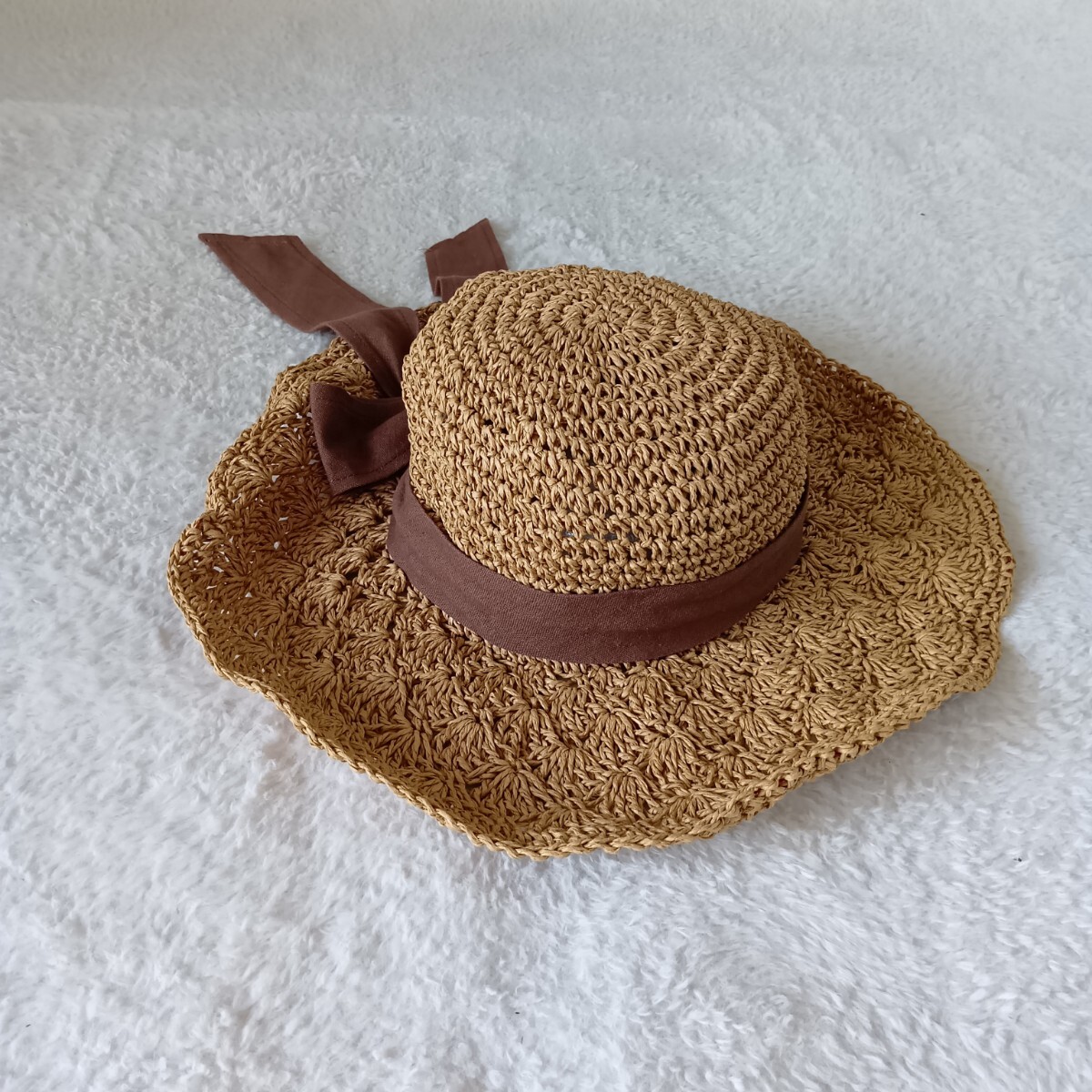 Crochet 韓国ファッション ペーパーハット 麦わら帽子 ブラウンリボン 頭囲58 ★1000拍卖