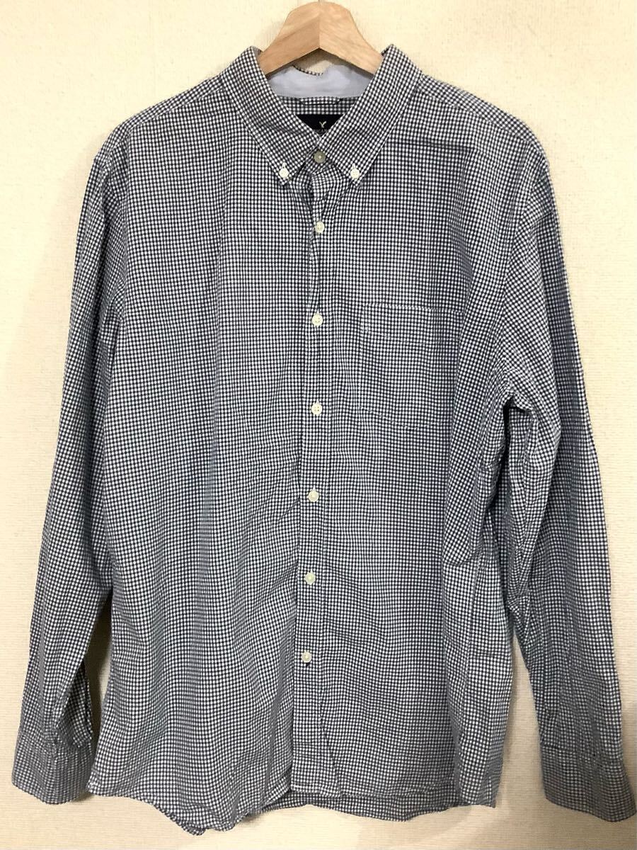 American eagle アメリカンイーグル ギンガムチェック柄 ボタンダウンシャツ 長袖シャツ ブルー カジュアル アメカジ 古着 XL拍卖