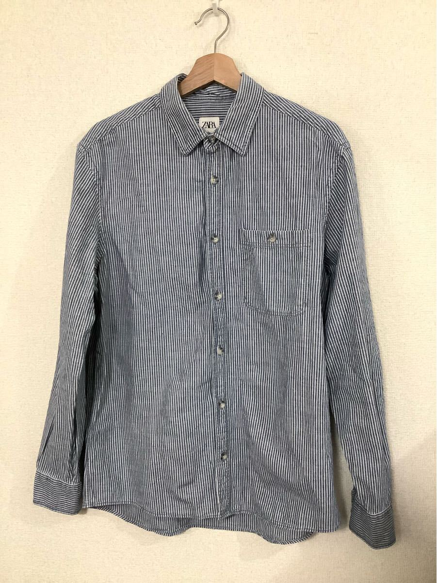 ZARA ザラ ストライプ柄 隠しボタンダウン長袖シャツ コットンシャツ グレー カジュアル セレクト メンズ 古着 M拍卖