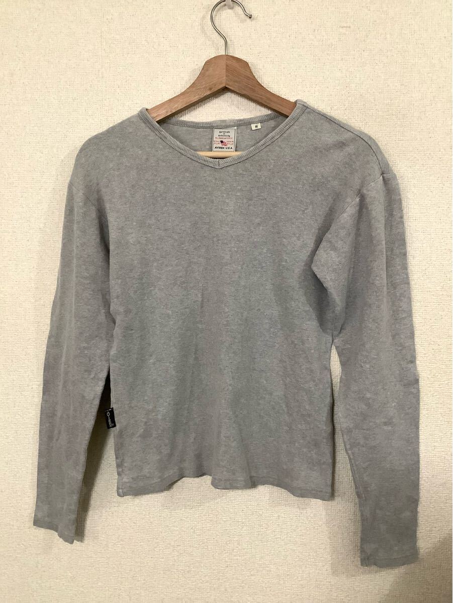 AVIREX アビレックス リブ編み 長袖Tシャツ カットソー グレー アメカジ カジュアル 定番 古着 メンズ S拍卖