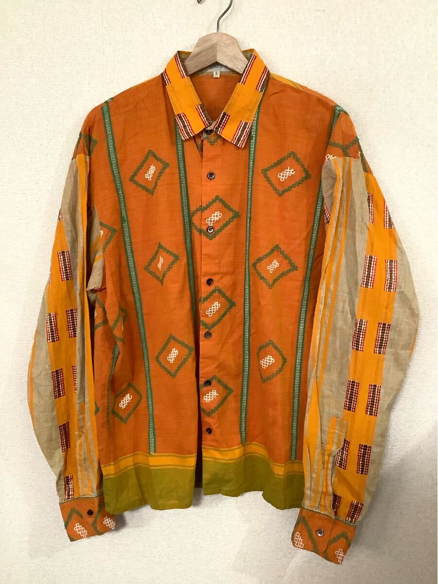 CRORRA カローラ リネンシャツ 刺繍トップス オレンジ ガテマラシャツ 紳士服 古着 民族衣装 ビンテージ L拍卖