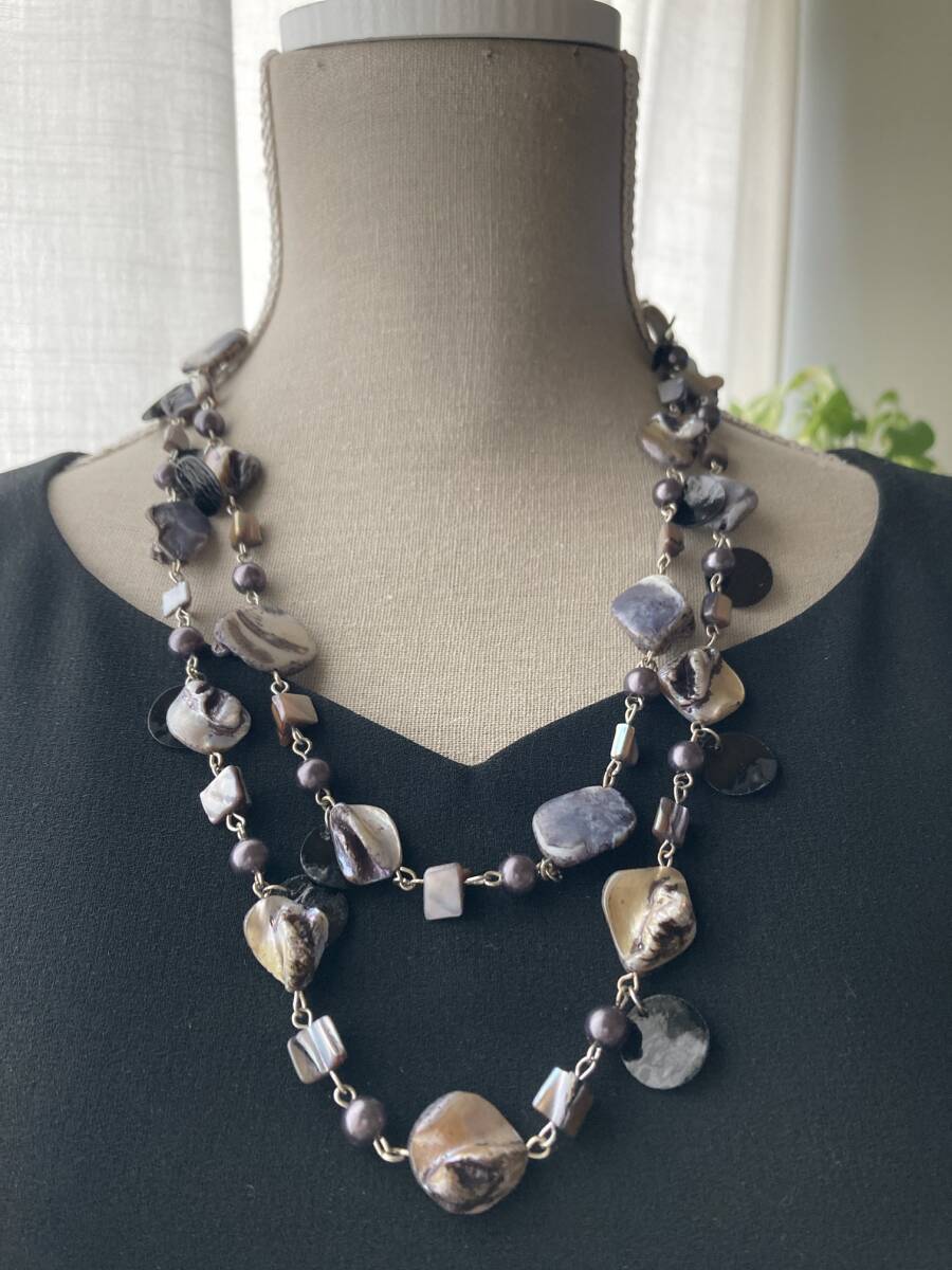 ネックレス シェル 超ロング 淡水 シェル オールノッチ ブラック グレー美品☆Vintage jewelry accessories R0351拍卖