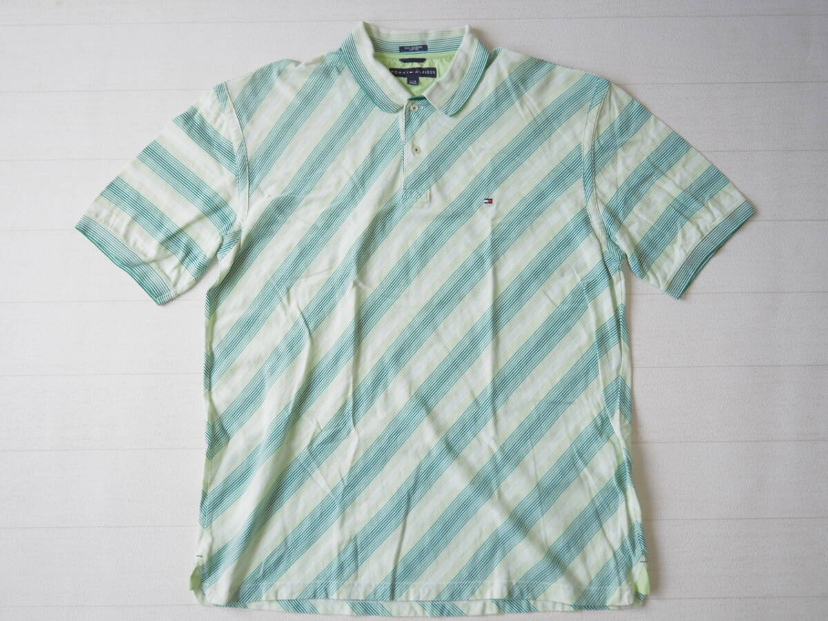 TOMMY HILFIGER トミーヒルフィガー USA直輸入 古着 半袖 ストライプ 00’s ロゴ マチ付き ポロシャツ メンズ XL グリーン トップス 中古 拍卖