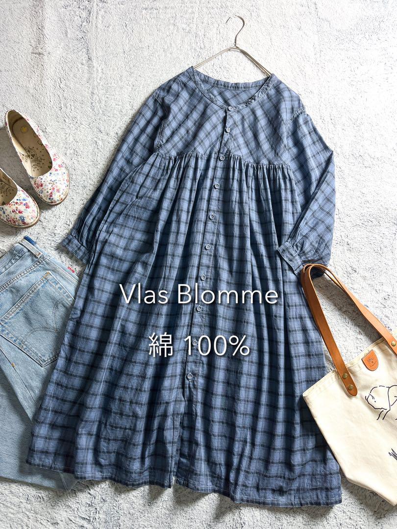 【Vlas Blomme】ヴラスブラム 大人かわいいきれい色ゆったりオーバーサイズ 上質コットン100% 2wayチェック切替ギャザーワンピース拍卖