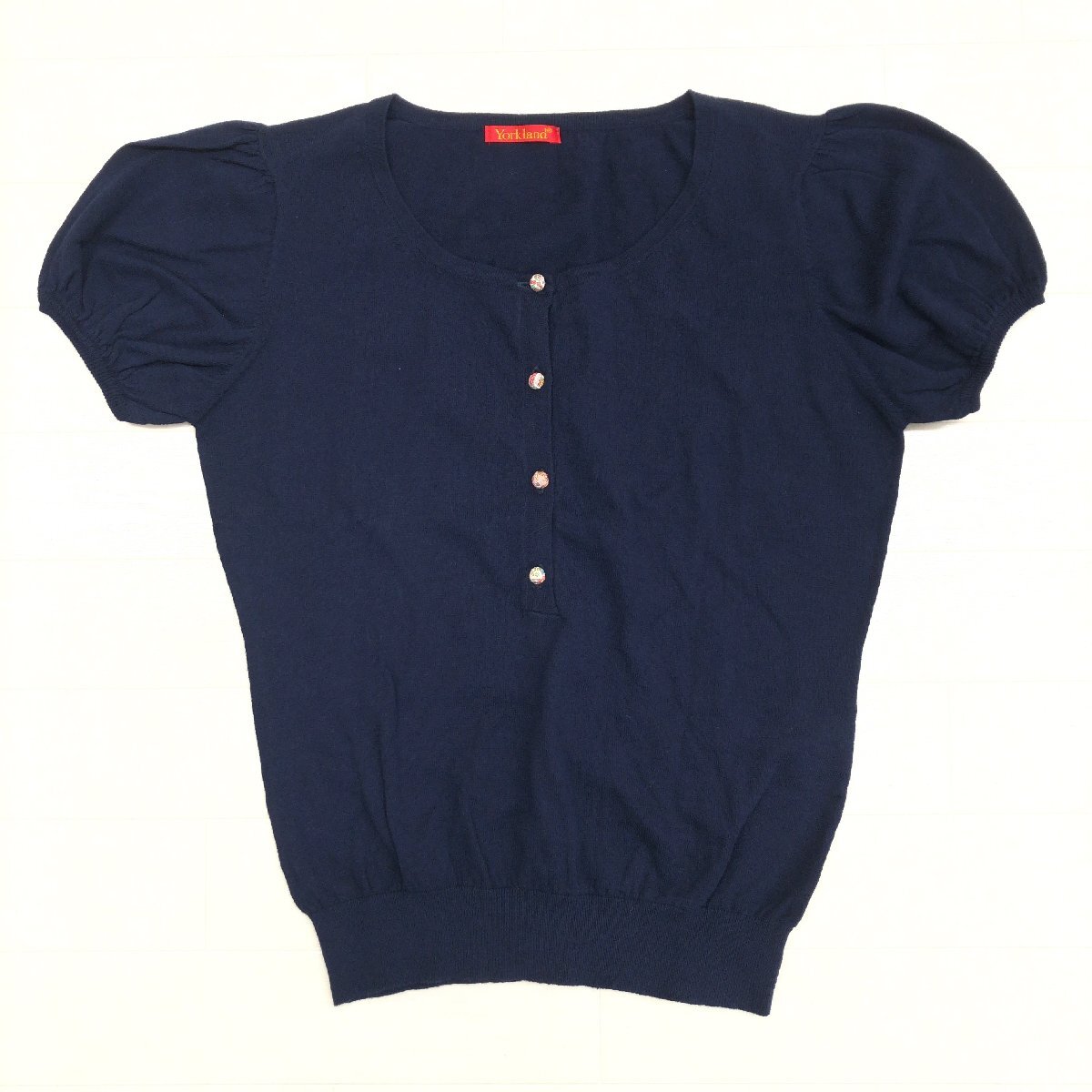 美品 Yorkland ヨークランド コットン100% パフスリーブ サマーニット プルオーバー M ネイビー セーター カットソー 半袖 レディース拍卖