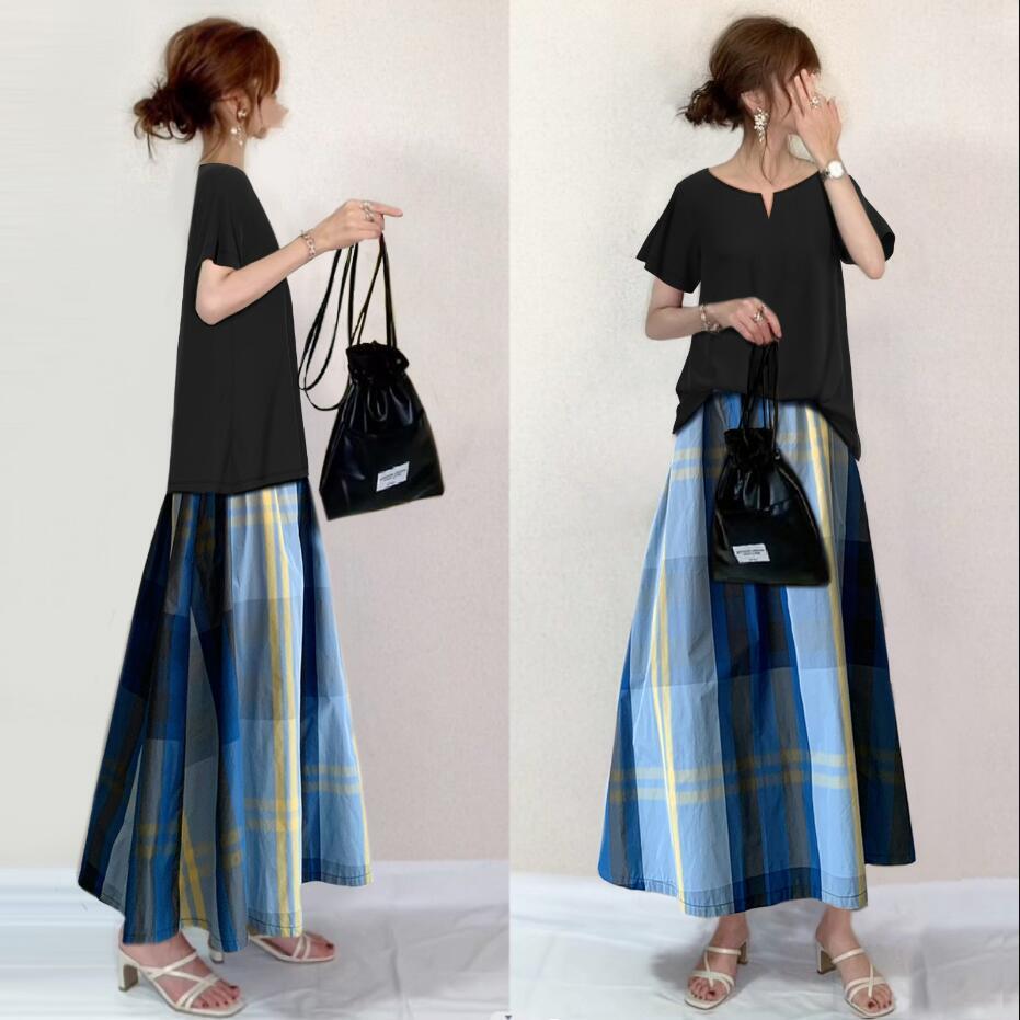 同梱1万円送料無料■セットアップ レディース 2点セット カジュアル Vネックブラウス チェック柄 ロング フレアワンピース 上下セット拍卖