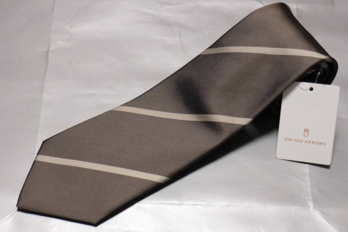 ユナイテッドアローズ新品ネクタイ超美麗艶シャンパンベージュレジメンタル極上ツイル織バンカーストライプハンドメイド拍卖