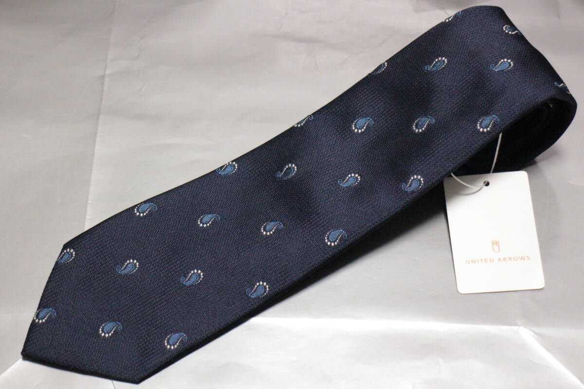 ユナイテッドアローズ新品ネクタイ超華麗艶ネイビー*ライトブルー*シルバー小紋極上ジャガードピンヘッド織ハンドメイド拍卖