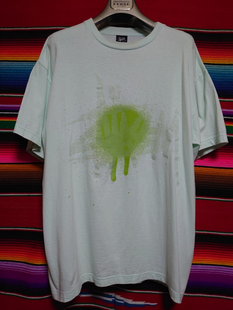 STUSSY ステューシー フロッキー ストックロゴ スプレー ペイント アート プリントTシャツ Lサイズ ライトグリーン拍卖