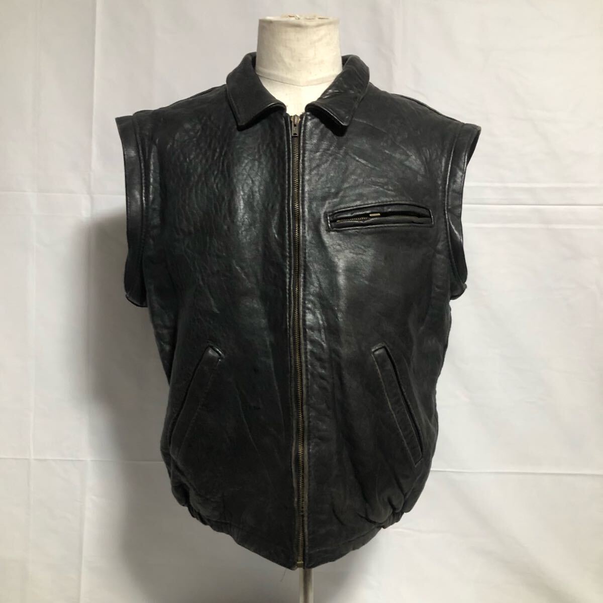 CHAMACO フランス軍 パイロットレザー ベスト ブラック 革 Made in France フランス製 パリス ヴィンテージ 革ベスト アメカジ バイカー M拍卖