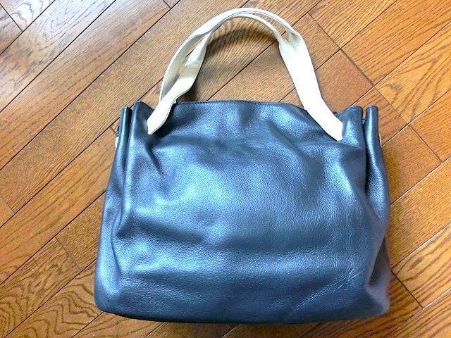 超美品◆Kitamura キタムラ 牛革◆紺×白 少し大きめバッグ トートバッグ拍卖