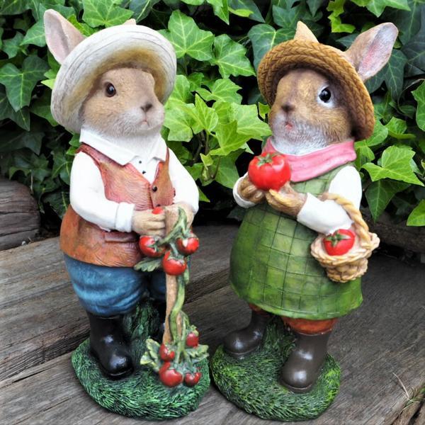 うさぎの置物 帽子うさぎの夫婦 N13439-40 ラビット 兎 オーナメント ウサギ ラパンオーナメント オブジェ ガーデン拍卖
