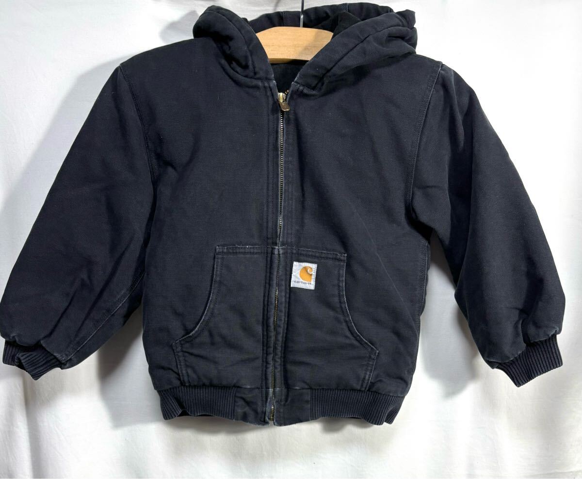 ■子供用 Caehartt カーハート ダック地 アクティブパーカー ジャケット 古着 サイズS 黒 ブラック アメカジ ワーク ワンポイント ロゴ ■拍卖