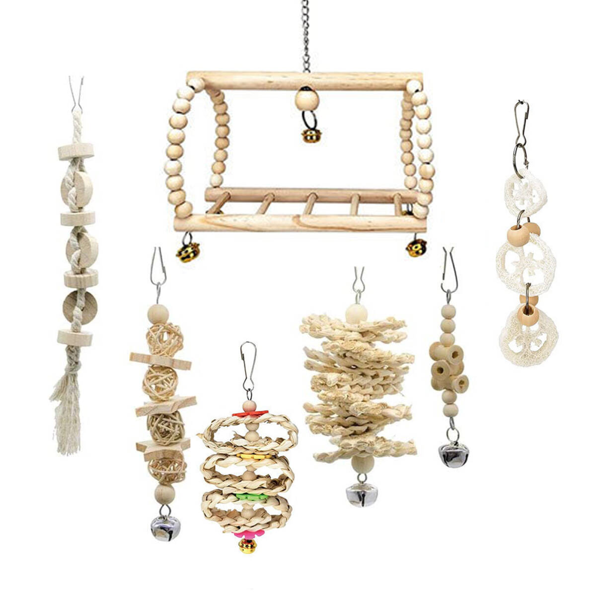 バードトイ 鳥おもちゃオウムブランコ 鳥グッズ 鳥の遊び場 吊下げタイプ玩具 セキセイインコおもちゃ 噛む玩具 ペット用品 7点セト;J3771;拍卖