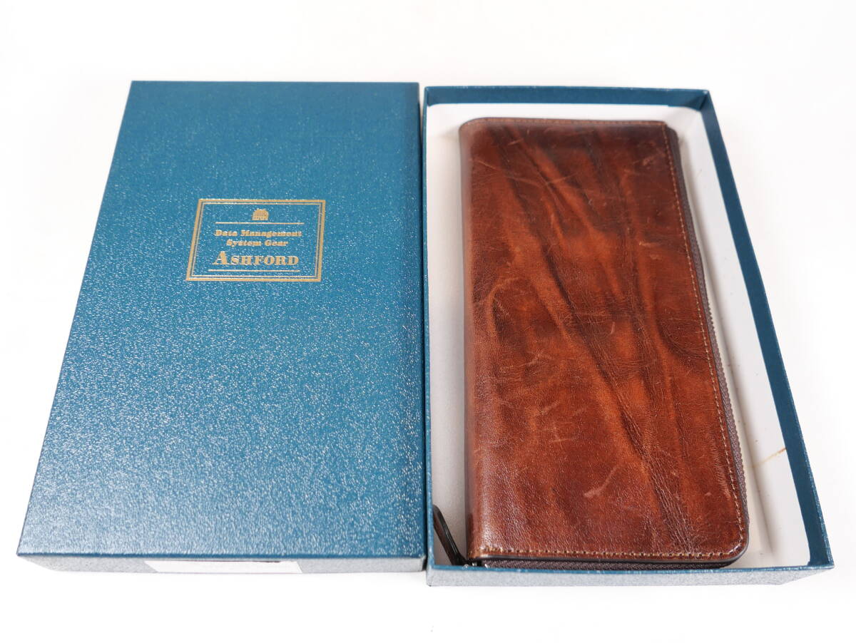 中古美品★ASHFORD アシュフォード レザー ジップ 紳士 長財布 スウェル 長札 ブラウン 8886-022 19×10cm拍卖