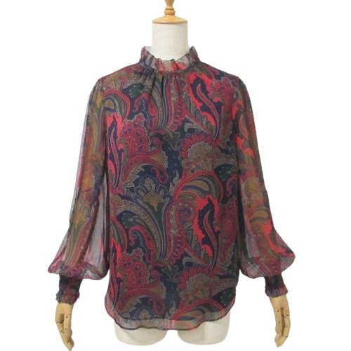 ローレン ラルフローレン 美品 シースルー ブラウス 紺 赤系柄 S シャツ カットソー プルオーバー RALPH LAUREN 【ネコポスOK】◆TS4拍卖