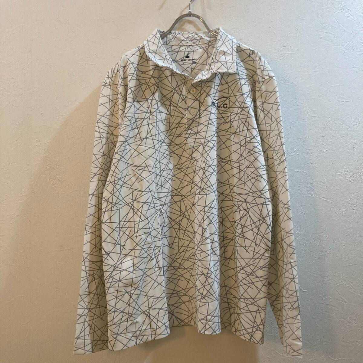 古着デザインシャツ★BOGEY LOUNGE/ 長袖ポロシャツ ホワイト グレー メンズ LL拍卖