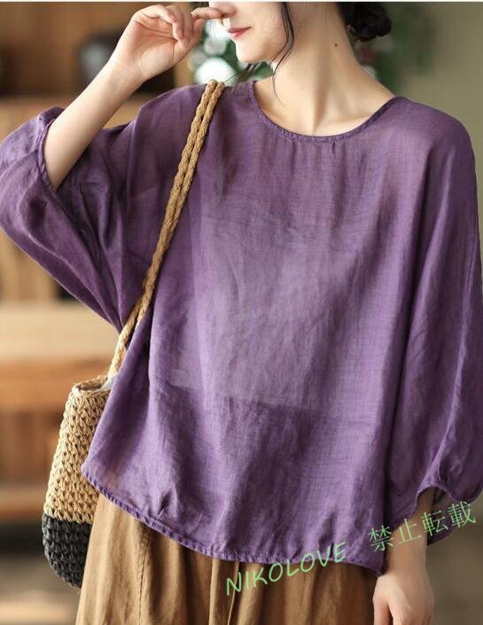 新品 お色選択可ナチュラル ゆったり 綿麻 シャツ レディース ブラウス ドルマン袖 リネン シャツ チュニック きれいめ パープル拍卖