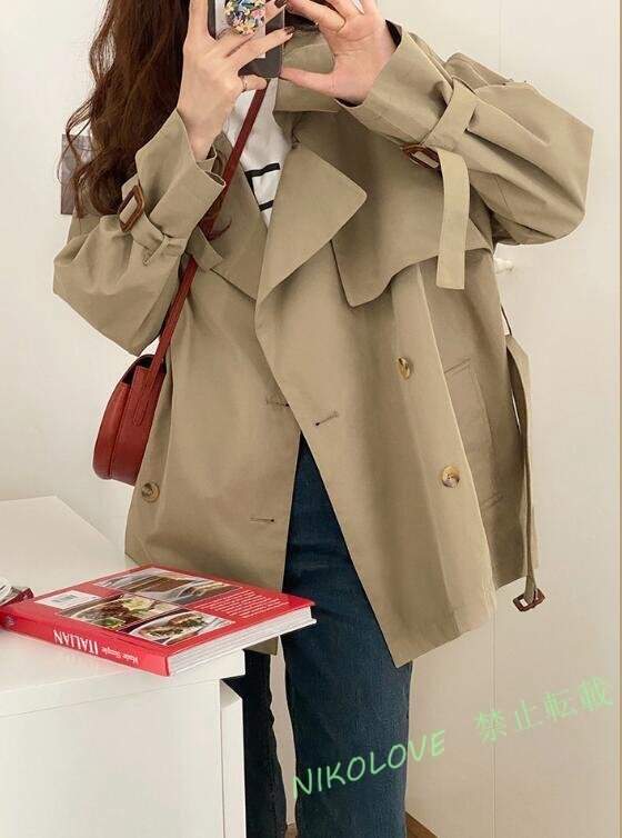 新品 トレンチコート ショート丈 レディース 春 秋 オシャレ ジャケット ライトアウター スプリングコート カーキ Lお色選択可拍卖