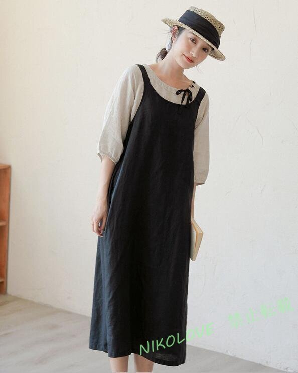 新品 サスペンダースカート サロペット ゆったり フリーサイズ ブラック 大人可愛 ナチュラル 麻100% リネン サラサラ拍卖
