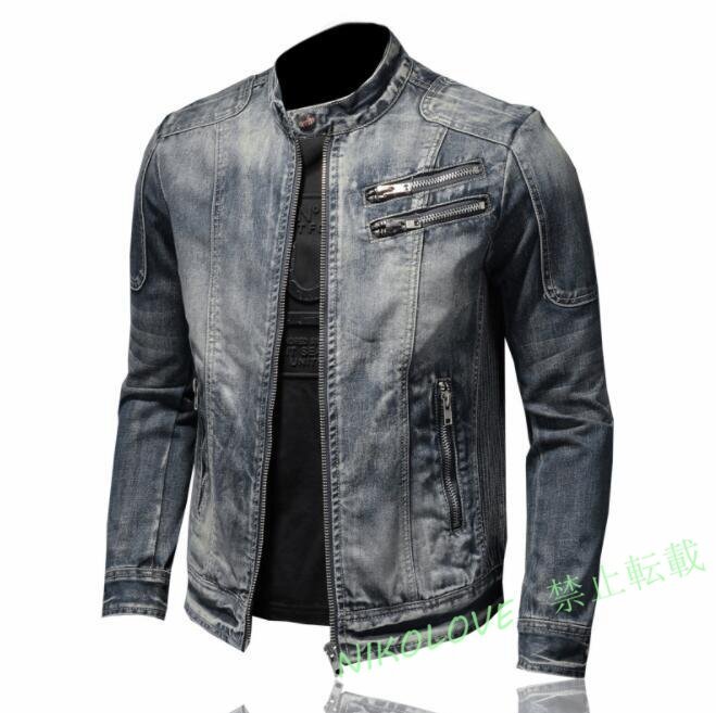 新品 メンズ ライダース ジャケット 立衿 デニムジャケット カジュアル アウター バイクジャケット Gジャン ジャンパー ブルゾン ブルー拍卖
