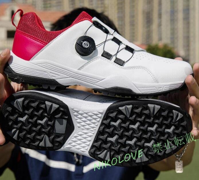 新品 ゴルフシューズ ダイヤル式 メンズ 運動靴 幅広 スポーツシューズ 紳士 スニーカー フィット感 防滑耐磨 撥水 白赤 27.0cm拍卖