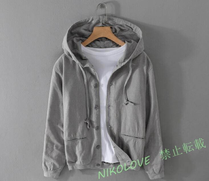 新品 春夏ジャケット メンズ フード付き リネンジャケット スプリングコート 綿麻 ジャンパー ブルゾン スタジャン アウター 灰です LF837拍卖