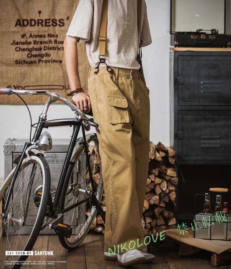 新品 メンズ ミリタリーヴィンテージ復刻スタイル コットン サスペンダーオーバーパンツ チノM~3XL サスペンダー付き拍卖