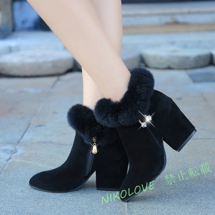 新品 レディース 太ヒール レザー ショートブーツ ブーティ ヒールブーツ ミドルブーツ ハイヒール 秋冬 高ヒール ブラック 22.5cm~26.5cm拍卖