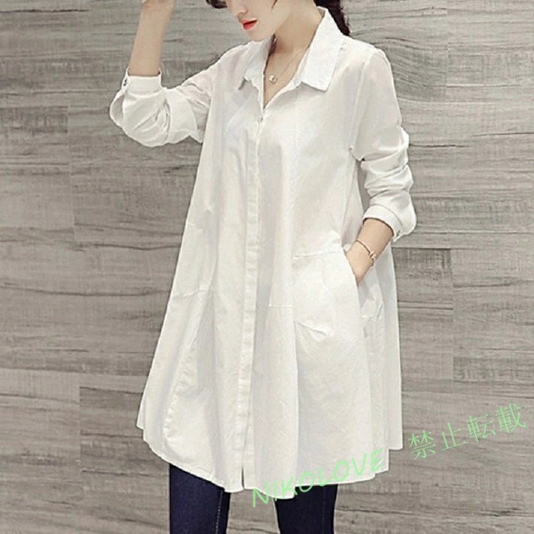 新品 シャツワンピース 春秋冬 シャツ レディース ブラウス チュニック ワンピース ロング aライン ポケット 大きいサイズ カジュアル拍卖