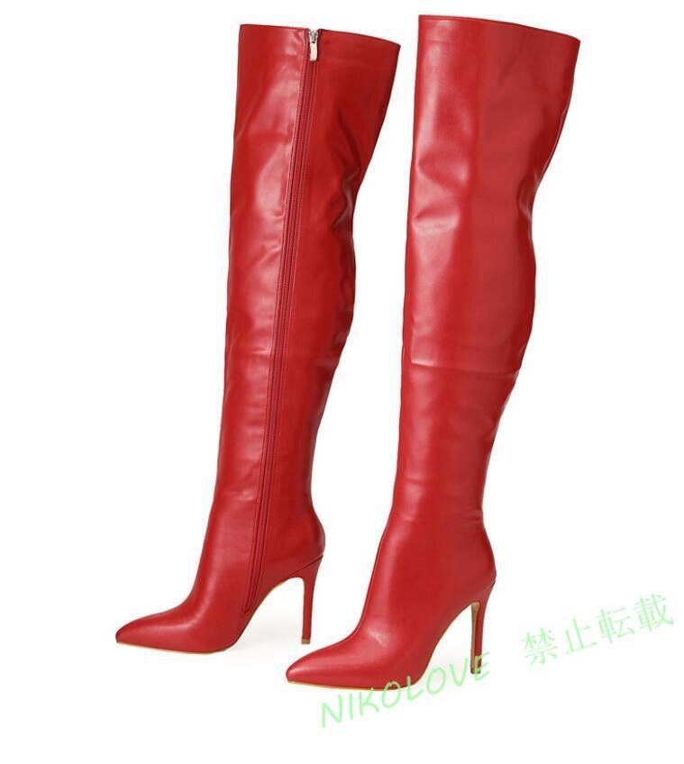 新品 ニーハイブーツ レディース ロングブーツ ピンヒール ハイヒール ポインテッドトゥ 美脚履きやすい きれいめ秋冬レッド 2色お色選択可拍卖