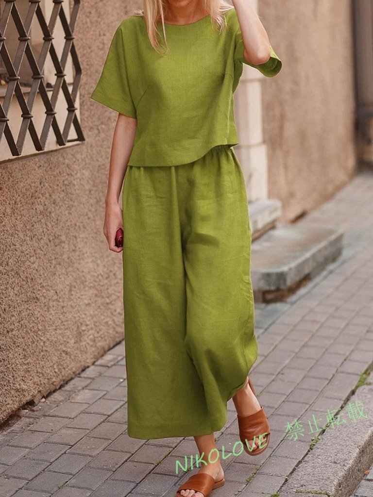 新品 ワイドパンツ パンツスーツ レディース セットアップ 綿麻上下セット 春夏 2点セット 半袖シャツ ワイドパンツ お洒落 通勤 S~5XL拍卖